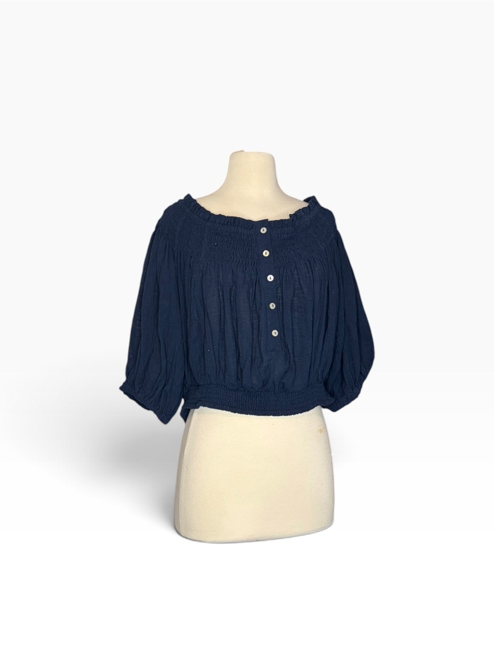 We The Free Navy Smocked Off-Shoulder Crop Top